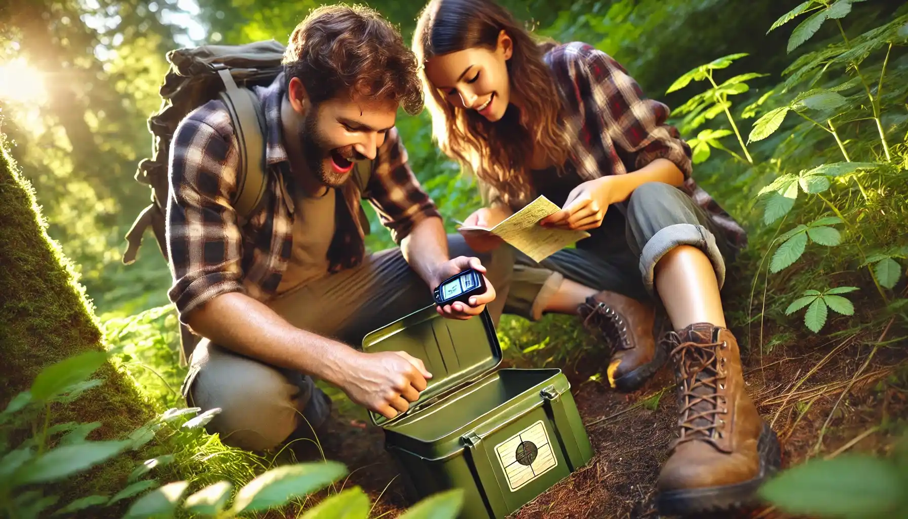 A couple outdoors on a geocaching adventure. They are crouching near a hidden spot in a forest, excitedly opening a small container with a logbook inside. 