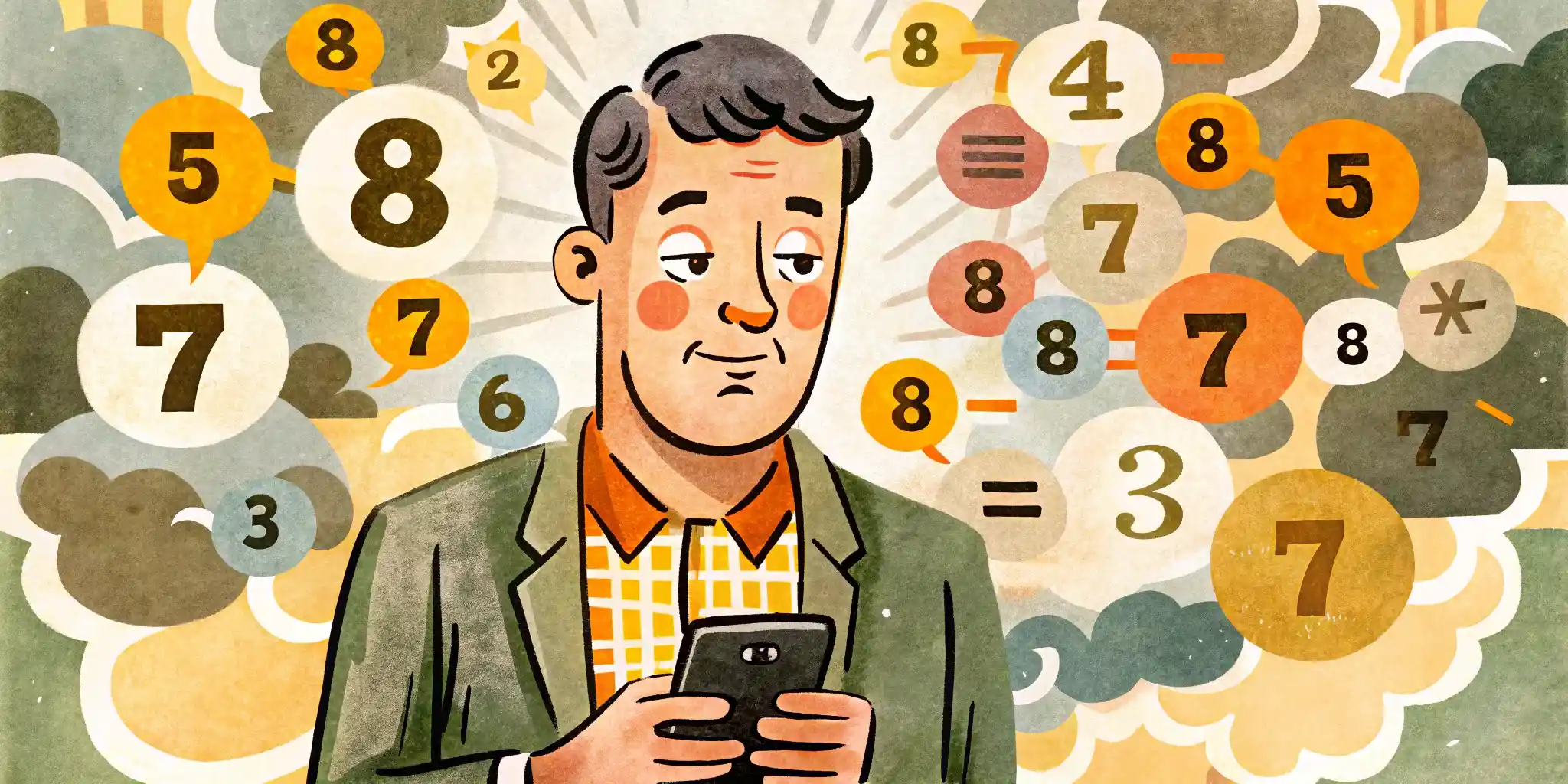 The man is holding a phone in his hand and around his head clouds of numbers