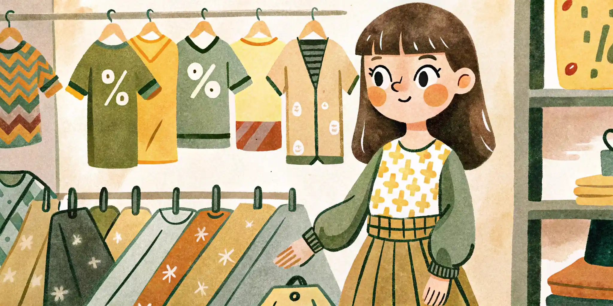 A girl looks at the discounts in a clothing store