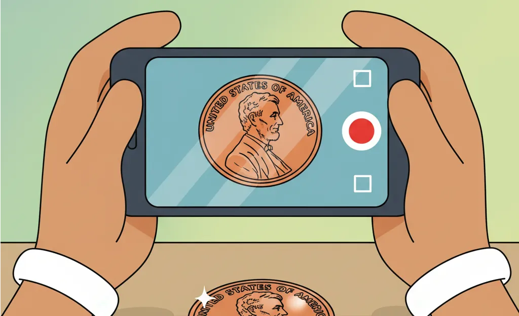 hands holding a phone and taking pictures of an American cent
