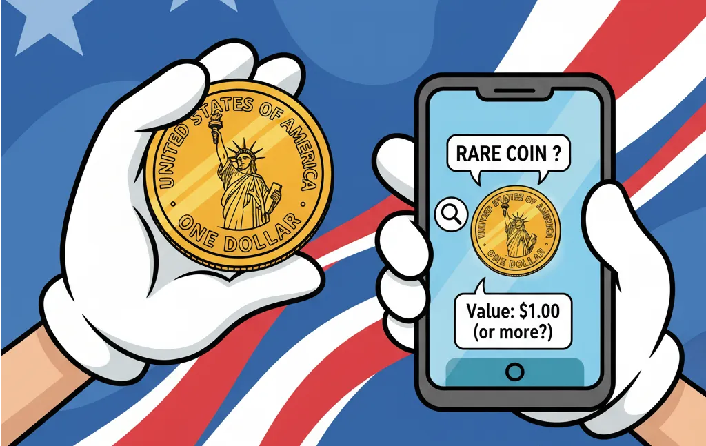 one hand holds a phone with an American dollar coin and the other hand holds a phone with information about the coin