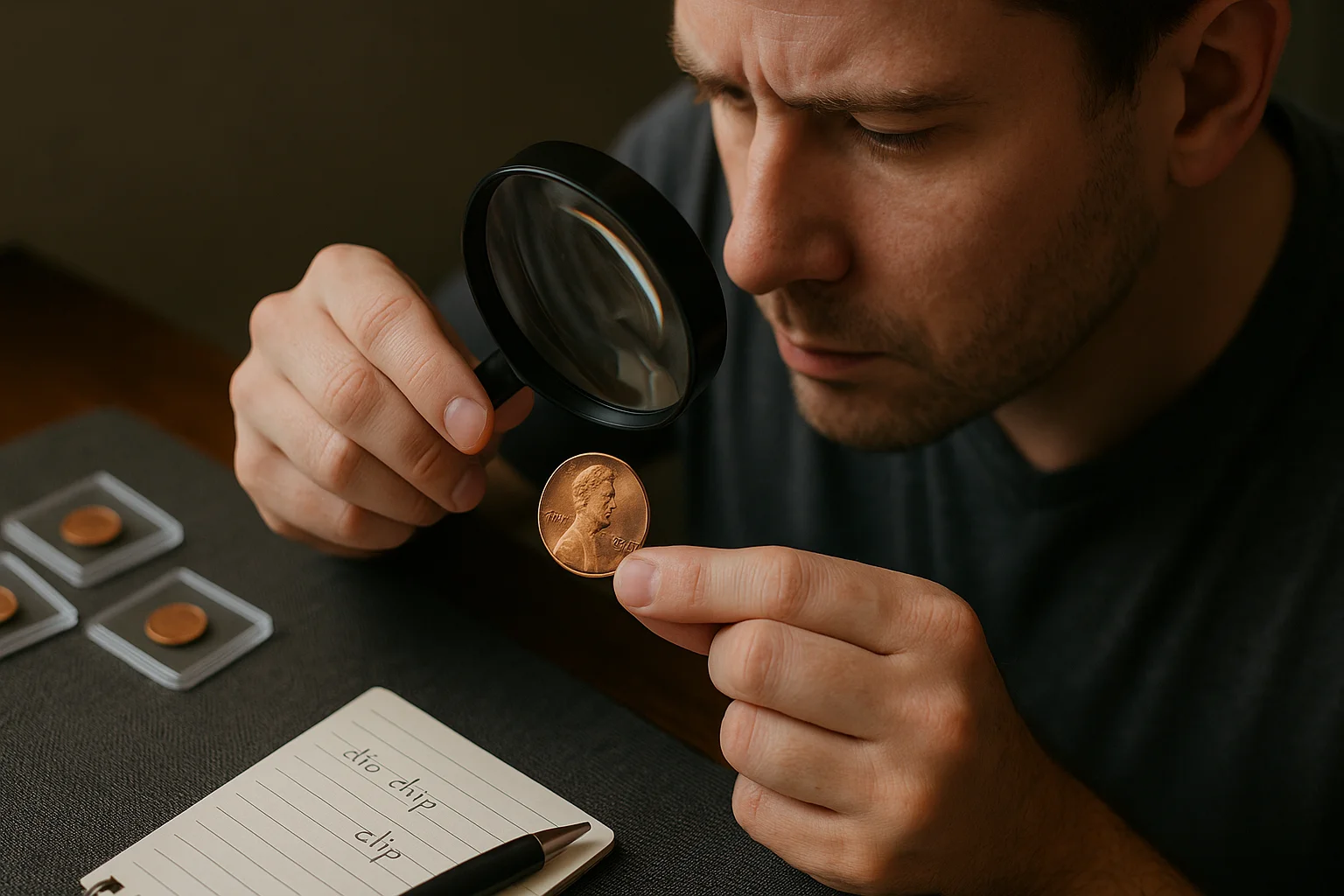 A numismatist organizes coins into folders labeled Planchet Errors, Die Errors, and Strike Errors, demonstrating the structured approach needed to build a collection.