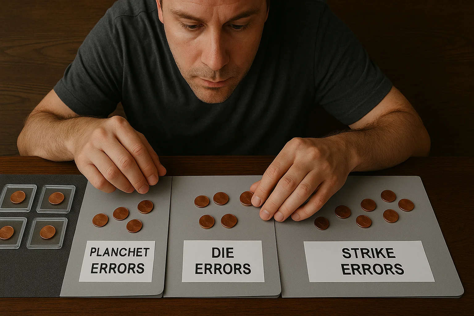 A collector closely examines a clipped-planchet Lincoln cent through a magnifying glass, as the app cannot detect the minting flaws.